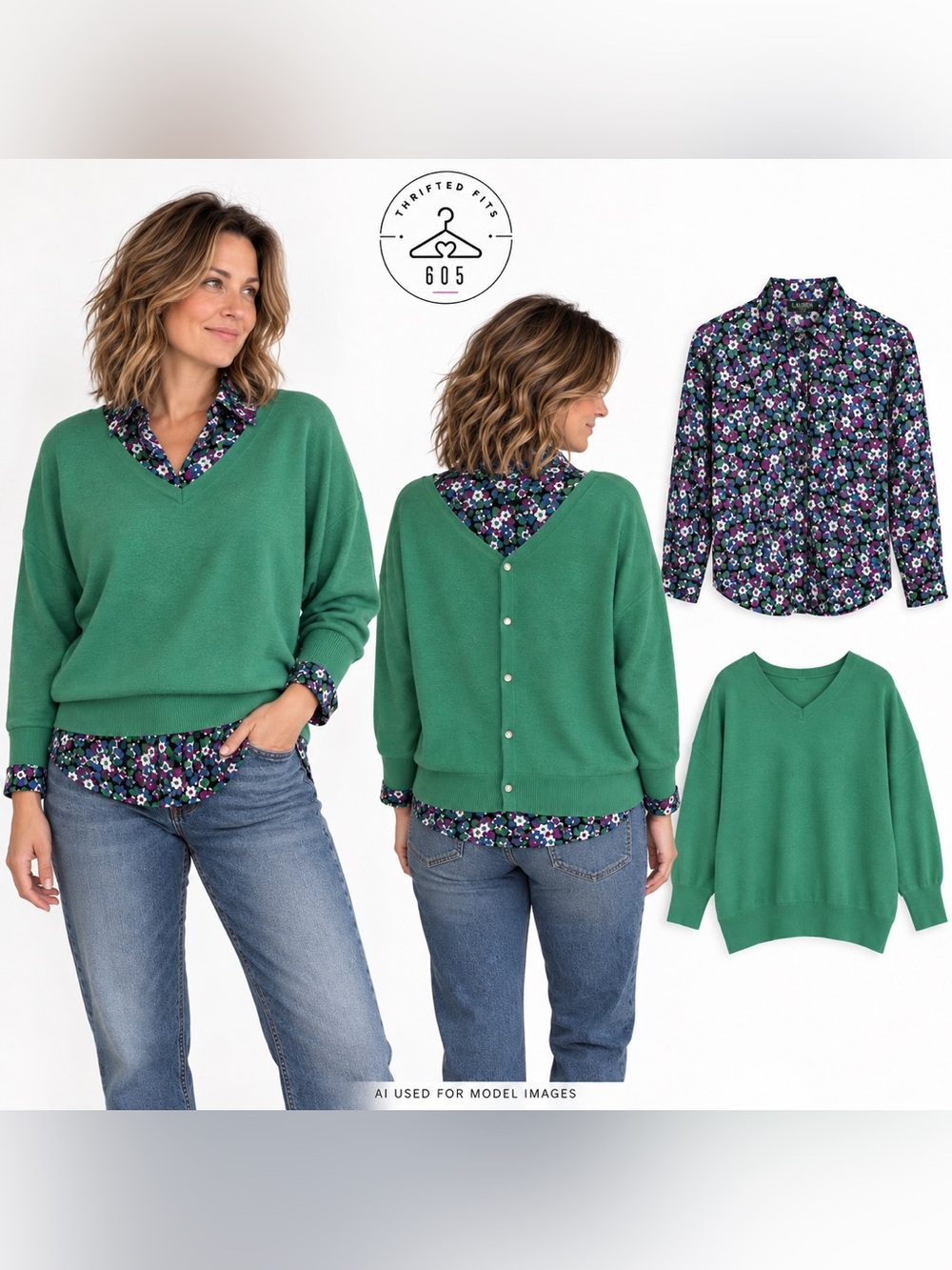 Ralph Lauren Floral button up and Green V-Neck Button-Back Sweater